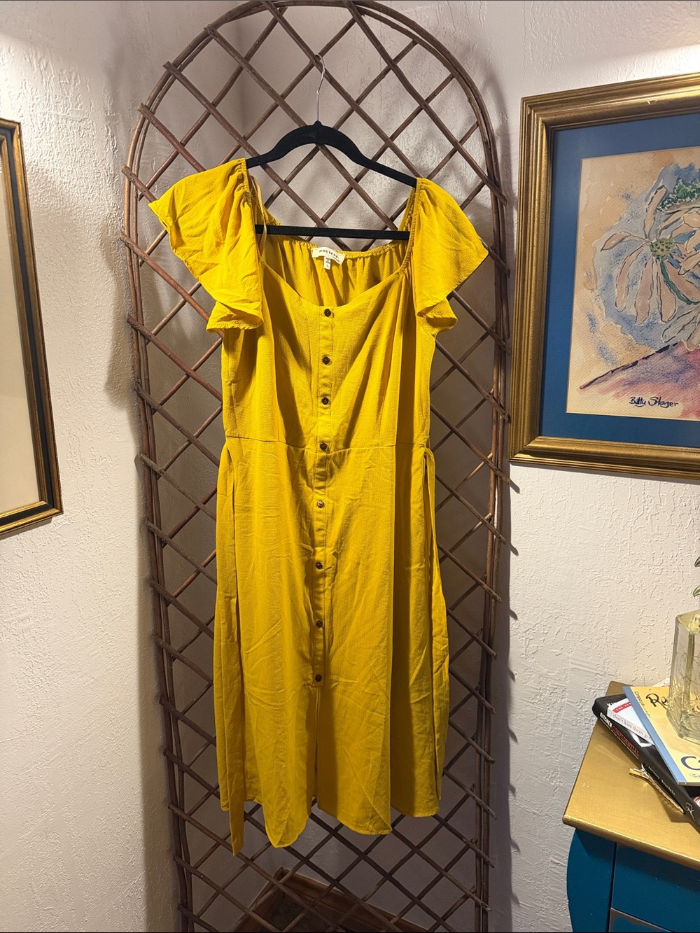 Monteau Mustard Yellow Button-Front Midi Dress